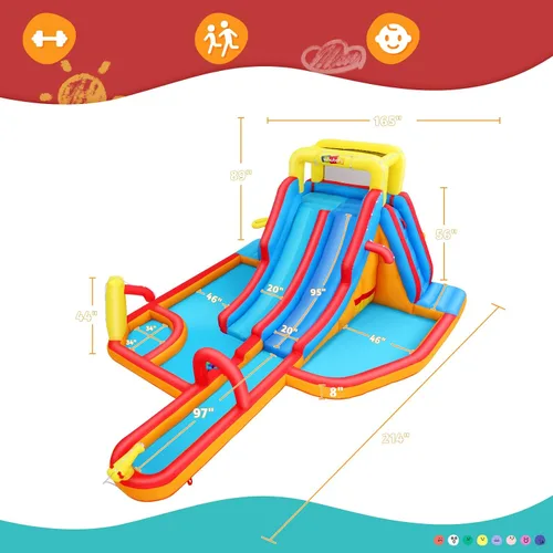 Vista 6 de Mega parque inflable de toboganes de agua, gran casa de rebote para niños de 5 a 12 años, tobogán acuático con pared de escalada, dos toboganes