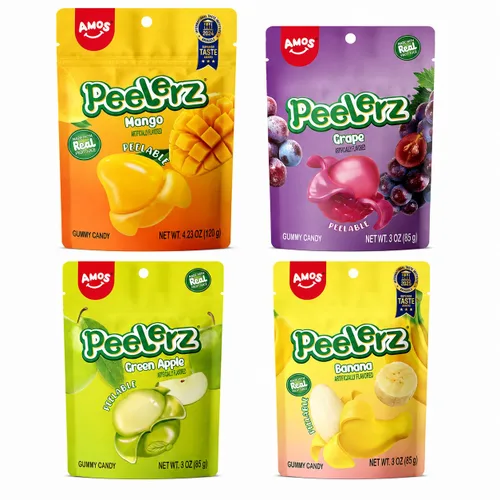 Vista 11 de AMOS Peelerz - Paquete variado de gomitas pelables, sabor mango, uva, manzana verde y piña, hecho con jugo de fruta real, 4 bolsas, 13.22 oz (375 g)