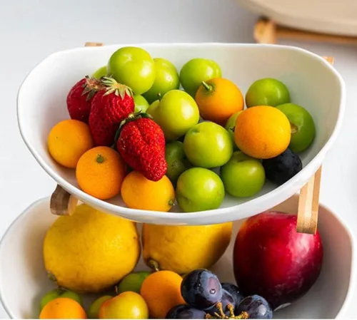 Vista 8 de YYW Cesta de frutas de cerámica de 3 niveles para almacenar frutas y verduras con soporte de frutas de porcelana de madera de bambú para encimera