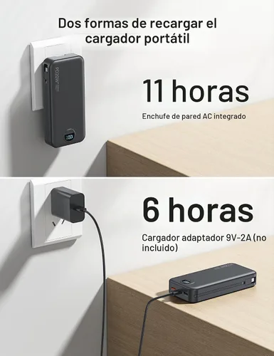 Vista 4 de Cargador portátil Power Bank 20000mAh con cables integrados y enchufe de pared Negro