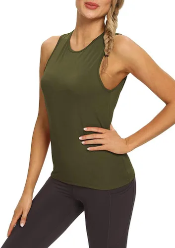 Vista 5 de Mippo Tops de entrenamiento para mujer, camisetas de yoga con espalda Verde militar