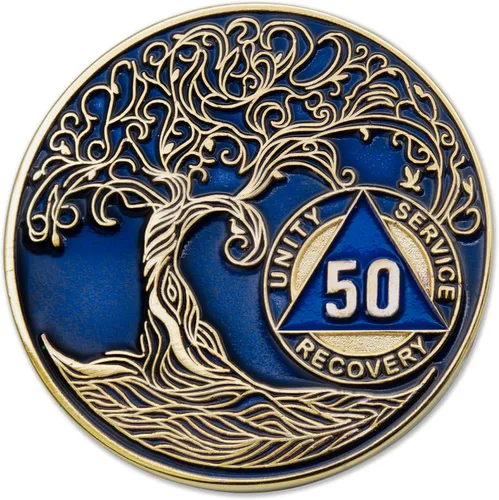 Vista 59 de 1 año Sobriety Mint Twisted Tree of Life Medallón de recuperación AA chapado en oro, chip/ficha - negro