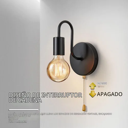 Vista 2 de Aplique de Pared Negro con Cadena de Tirar con Interruptor Luces de Pared Vintage E26 Lámpara de Pared Industrial Iluminación de Pared Retro