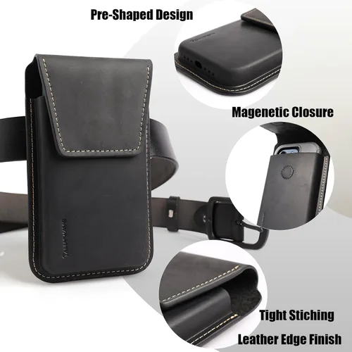 Vista 3 de Tallywave Funda de cuero para teléfono con clip para cinturón, funda para cinturón para iPhone 14, 14 Pro, Galaxy S23, funda para teléfono Negro