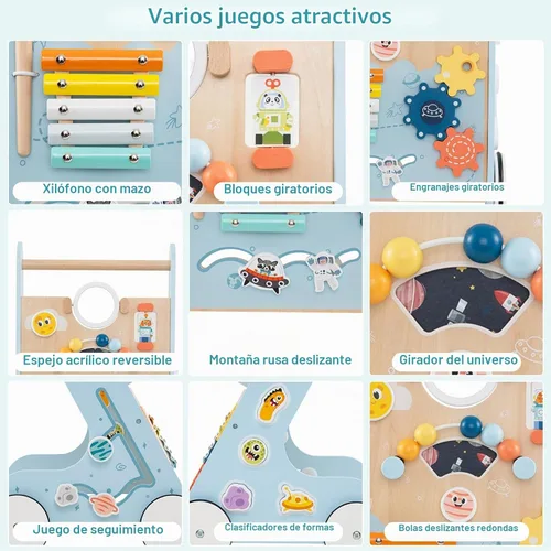 Vista 3 de INFANS Andador de madera para bebés con centro de actividades, andador