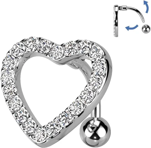 Vista 2 de Dynamique Anillo de ombligo de acero quirúrgico 316L pavimentado con gema de corazón (se vende por pieza)