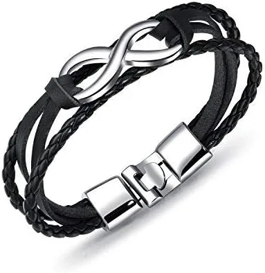 Vista 6 de Eymi Pulsera de cuero unisex con signo de infinito simbólico de amor trenzado