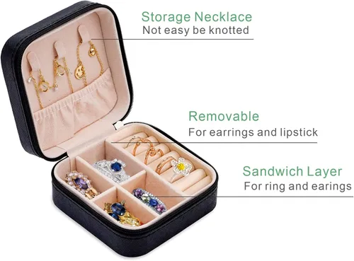 Vista 6 de Mini estuche de viaje de joyería, organizador de viaje de cuero para mujeres y niñas, pequeñas cajas de joyería para regalos, organizador de joyas