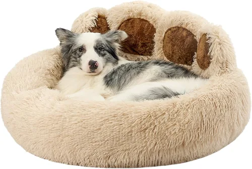 Vista 10 de Jiupety Cama calmante para mascotas en forma de pata, cama de felpa en forma de dona de piel sintética para perros y gatos, lavable a máquina, parte