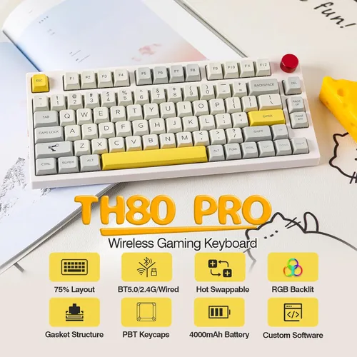 Vista 2 de EPOMAKER TH80 Pro 75% Hot Swap RGB 2.4GhzBluetooth 5.0Teclado para juegos con cable, con batería de 4000 mAh, teclas PBT, control de perilla