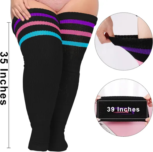 Vista 2 de Calcetines altos hasta el muslo para mujer de talla grande para muslos gruesos, calcetines extra largos a rayas gruesos sobre la rodilla, calcetines