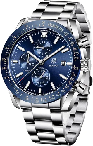 Vista 12 de BENYAR - Relojes para hombre, cronógrafo de cuarzo, marca de lujo, impermeable, relojes de pulsera de cuero marrón a la moda para hombres