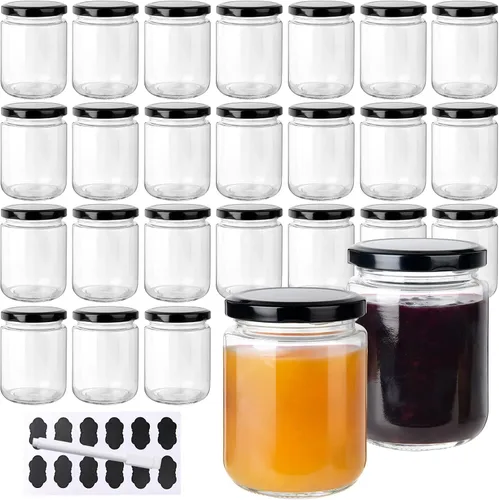 Vista 9 de Paquete de 24 tarros de vidrio de 5 onzas con tapas, tarros pequeños transparentes de 5.1 fl oz con 24 calcomanías, mini tarro de conservas