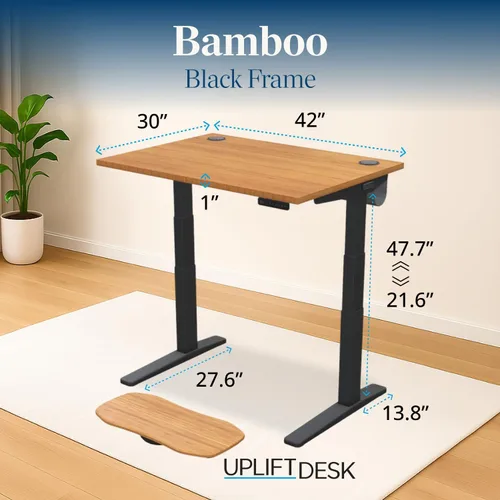 Vista 2 de UPLIFT - Escritorio de bambú V2 de 1 pulgada de grosor, marco de altura ajustable, teclado avanzado con memoria y ojales para cables, tabla Motion-X