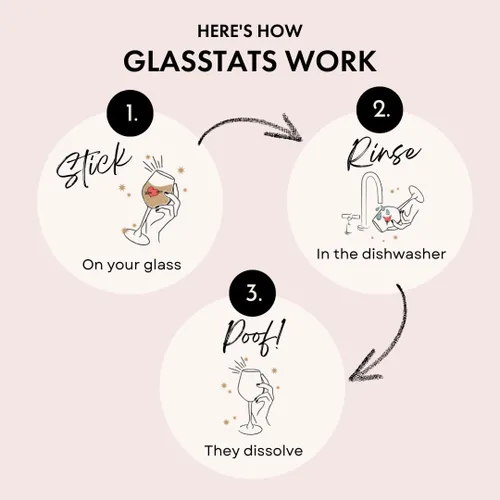 Vista 2 de GLASSTATS Dissolvable Drink Markers - Wine Glass Charms - Happy Hour Themed Party Favors