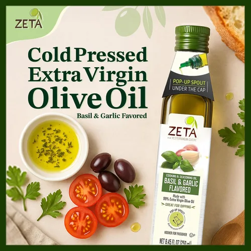 Vista 3 de Zeta Aceite de Oliva Virgen Extra con Albahaca y Ajo 8.5fl oz. Paquete de 3