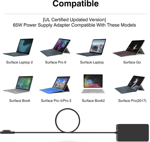 Vista 5 de [Versión mejorada] Cargador Surface Pro de 65 W para Surface Pro 3/4/5/6/7/8/9/X, compatible con Microsoft Surface Book Laptop/tablet, funciona