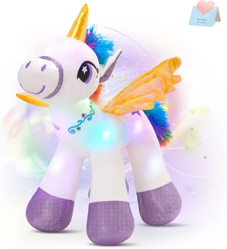 Vista 8 de Houwsbaby Peluche de unicornio con luz LED púrpura de 14 pulgadas, juguete de peluche de unicornio, juguete de peluche de caballo brillante, luz