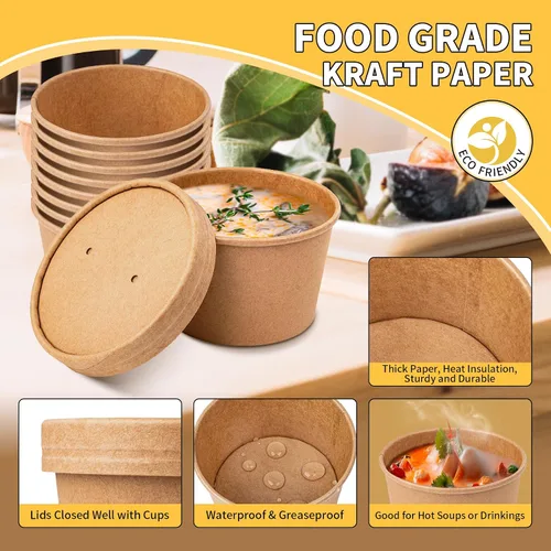 Vista 4 de PakTalk Recipientes de papel para sopa con tapas, paquete de 50 cuencos de sopa marrones, tazas biodegradables para helado con tapas para sopa