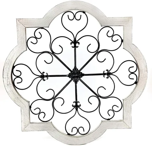 Vista 4 de Bellaa 23936 Arte de pared de metal con marco de madera, rústico, retro, granja, granero, decoración del hogar, medallón moderno, flor de lis, panel