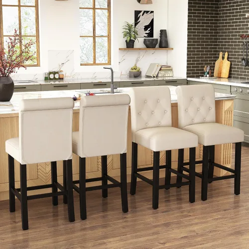Vista 8 de GOTMINSI Taburetes de tela beige de 24 pulgadas, juego de 2 sillas tapizadas de altura de mostrador con decoración copetuda de estilo ocio