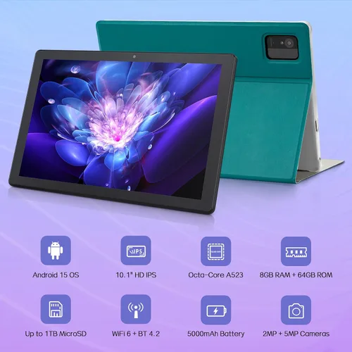 Vista 2 de Tabletas Android 15, tableta Android de 10.1 pulgadas con 8 GB de RAM y 64 GB de ROM, ampliable a 1 TB, procesador Octa-Core, pantalla HD IPS, WiFi
