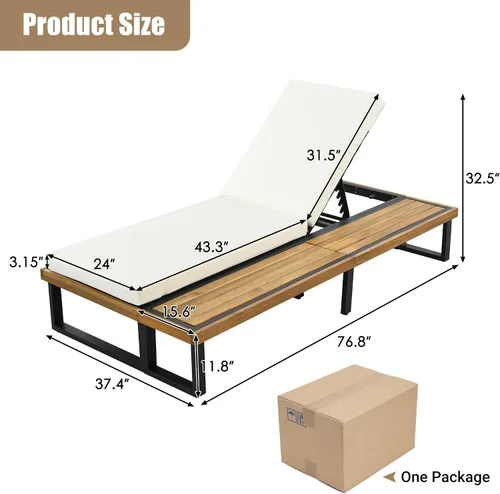 Vista 2 de Tumbona reclinable para patio al aire libre con respaldo ajustable de 5 posiciones y mesa auxiliar de madera, silla lounge para todo tipo de clima