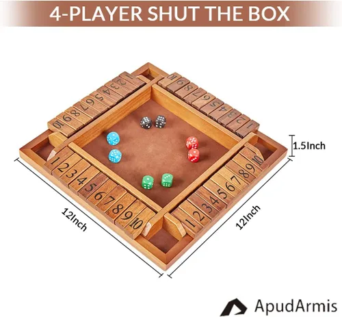 Vista 4 de ApudArmis Shut The Box de 4 vías, juego de mesa grande de madera con dados, 4 formas de jugar Shut-The-Box para adolescentes, complemento