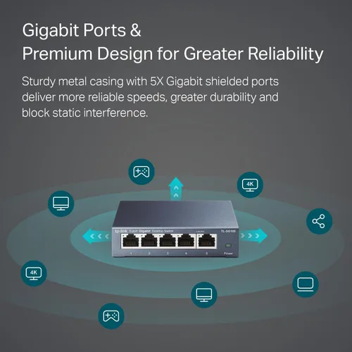Vista 2 de TP-Link TL-SG105, conmutador Ethernet Gigabit no administrado de 5 puertos, concentrador de red, divisor Ethernet, Plug & Play, diseño de metal sin