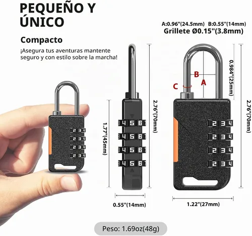 Vista 2 de Candado para casillero de gimnasio, candado de combinación de 4 dígitos para casillero de gimnasio, candados de combinación seguros para viajes