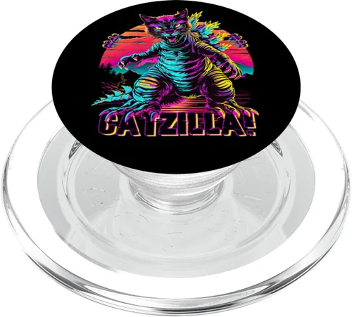 Vista 7 de Streetwear Synthwave 80s 90s Catzilla Cat Japanese teen PopSockets Adhesive PopGrip