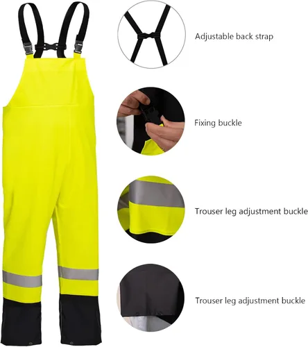 Vista 6 de HAOKAISEN Traje de lluvia para hombre, resistente al agua, alta visibilidad, reflectante, chaqueta de lluvia con pantalones de babero