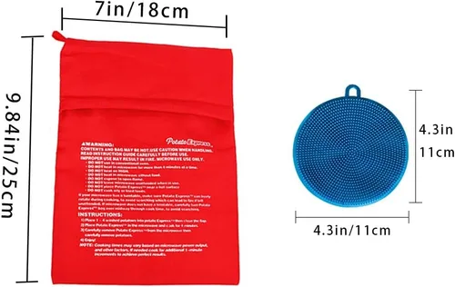 Vista 7 de Paquete de 3 bolsas de papas para microondas, con 3 cepillos de silicona para limpiadores de verduras, bolsa de papas horneadas reutilizable y Azul