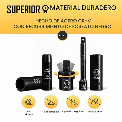 Vista 4 de BOEN Juego de llaves de impacto profundo de 3/8" de 14 piezas, 3/8" a 1" de cubo, 3/8" de guía universal de 6 puntos, barras de extensión de 6