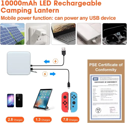 Vista 7 de Linterna LED recargable para campamento, 10,000 mAh, luces de campamento portátiles de hasta 90 horas y 4 modos de luz, IPX5 impermeable, esenciales