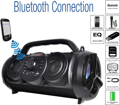 Vista 2 de Boytone BT-18BK Altavoz portátil Bluetooth Boombox, interior/exterior, sonido fuerte, graves más profundos, ecualizador, subwoofer de 5 pulgadas