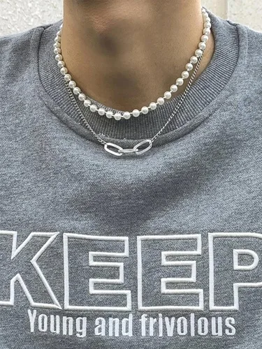 Vista 2 de Collar de perlas para hombre, gargantilla redonda de perlas blancas, collar de perlas de oro, collar de joyería para niños