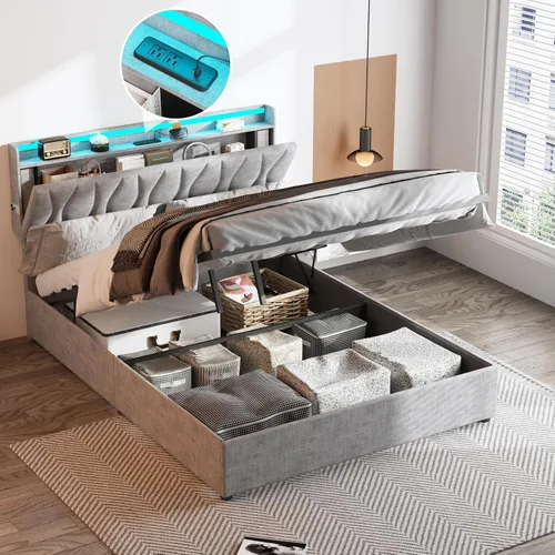 Vista 13 de Fameill - Base de cama tamaño matrimonial con plataforma de almacenamiento abatible, cabecero con altura ajustable y estación de carga, cama