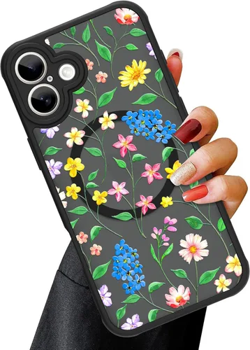 Vista 33 de OOK Funda magnética para iPhone 13 Pro Max [compatible con MagSafe] Funda delgada translúcida mate con flor silvestre negra, protección para lente