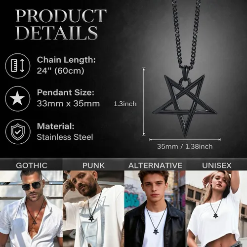 Vista 6 de TempBeau Collar con colgante de pentagrama satánico Baphomet, joyería Negro