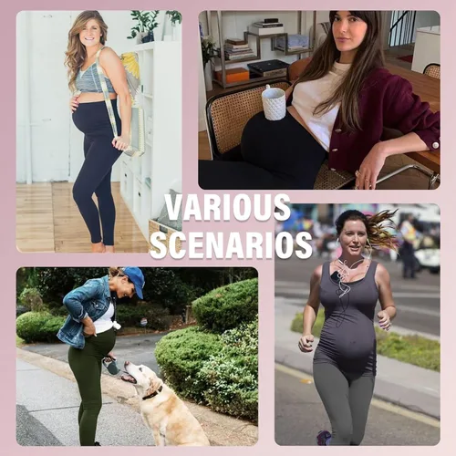 Vista 4 de Sundwudu Paquete de 2 leggings de maternidad sobre el vientre, pantalones de yoga de cintura alta para mujer, pantalones de entrenamiento activos