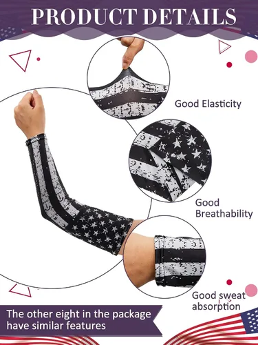 Vista 3 de Jecery 9 pares de mangas de brazo para niños y jóvenes, manga de compresión de fútbol, béisbol, bandera estadounidense para adolescentes, jóvenes