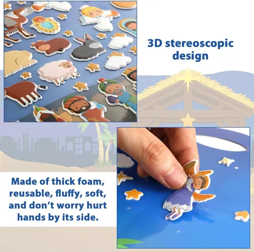 Vista 3 de Libro de actividades con pegatinas 3D hinchables de Navidad 100 pegatinas reutilizables Actividades para niños Escena religiosa Libro de pegatinas