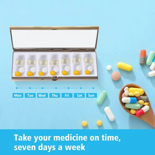 Vista 2 de Pastillero organizador de píldoras de metal bonito de 7 días con diseño abierto de resorte y 7 compartimentos para guardar vitaminas, suplementos