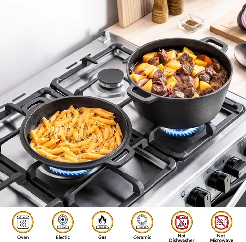 Vista 6 de Velaze Olla Holandesa de Hierro Fundido con Tapa de Sartén, Sartén de Hierro Fundido de Doble Mango 2 en 1 Presazonada para Hornear Pan, Freír