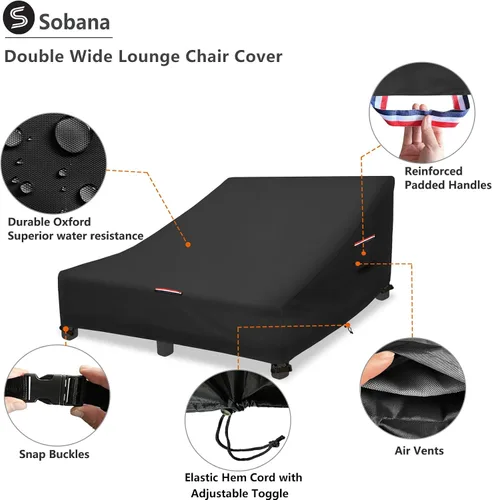Vista 3 de Funda impermeable para tumbona doble, 600D resistente de 82 pulgadas de ancho doble para tumbona de patio, color negro
