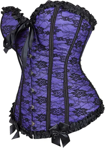 Vista 2 de Corsé de encaje negro con adornos florales para mujer, cintas en la cintura y ajuste sobre el busto
