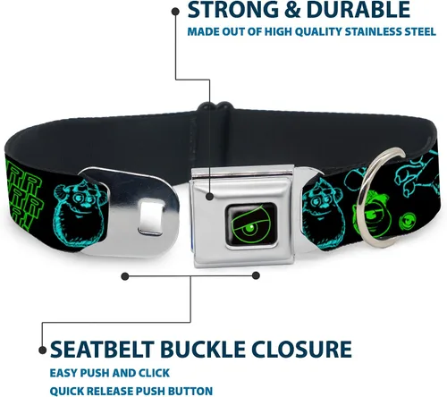 Vista 4 de Buckle-Down Monsters Inc. Sully & Mike Poses/GRRRRR! - Collar de perro con hebilla para cinturón de seguridad, negro, turquesa, verde, 1 pulgada