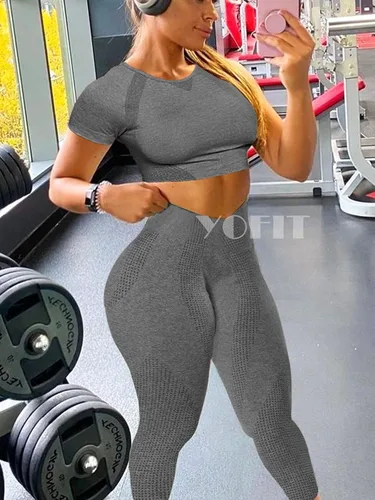 Vista 3 de YOFIT - Conjunto deportivo de 2 piezas leggings de yoga de cintura alta sin costuras y crop top con manga larga para mujer juego de ropa