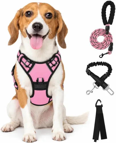 Vista 11 de FURRYFECTION Plaid Dog Harness with Leash and Seat Belt Set, Beige&White, M Tartán beige